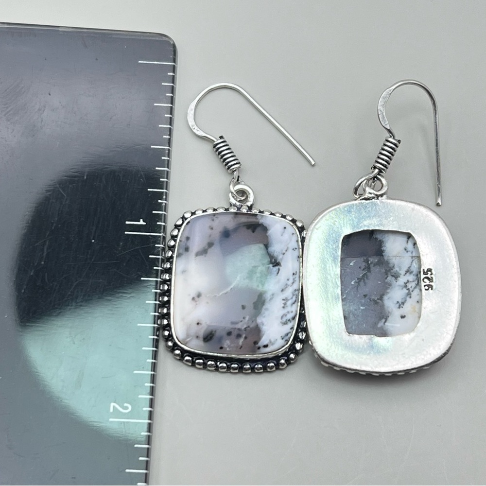 New Dendritic Opal Stone Crystal Silver Overlay Hook Earrings - Picture 5 of 5